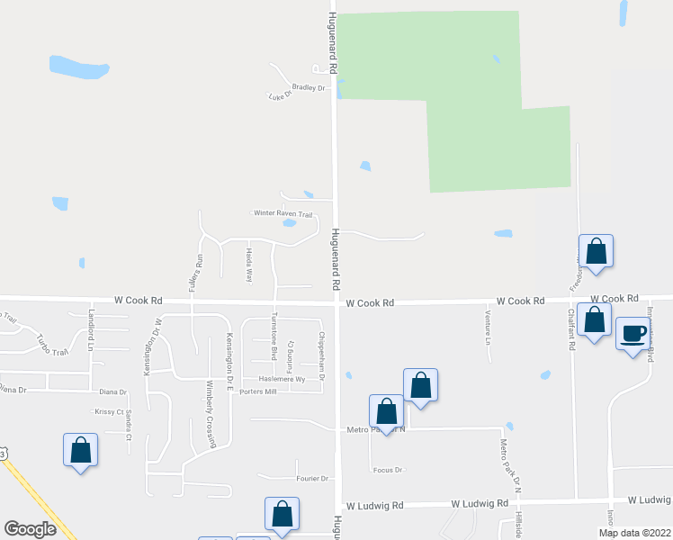 map of restaurants, bars, coffee shops, grocery stores, and more near 7526 Huguenard Road in Fort Wayne