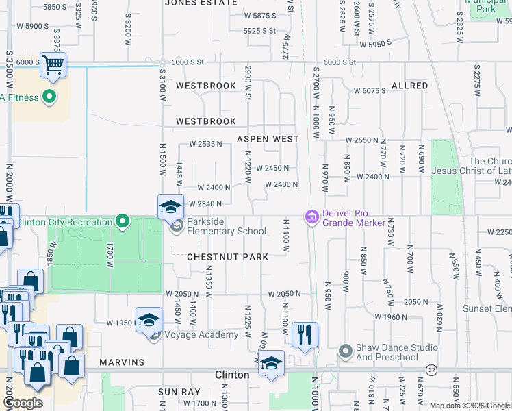 map of restaurants, bars, coffee shops, grocery stores, and more near 2314 North 1220 West in Clinton