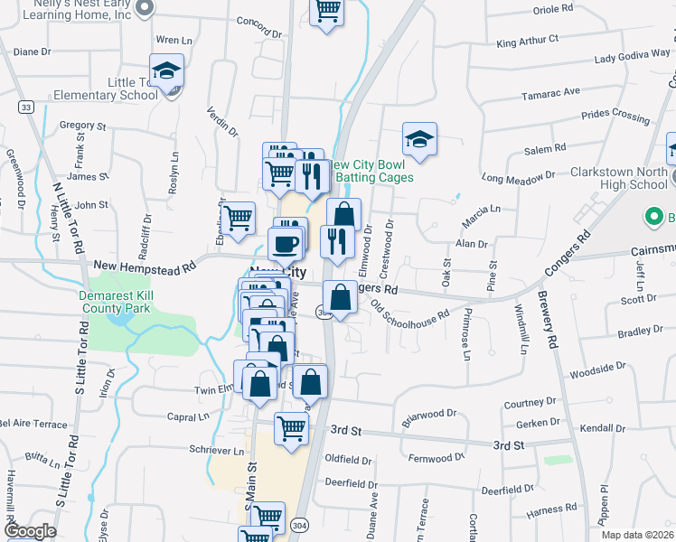 map of restaurants, bars, coffee shops, grocery stores, and more near 11 Elmwood Drive in New City