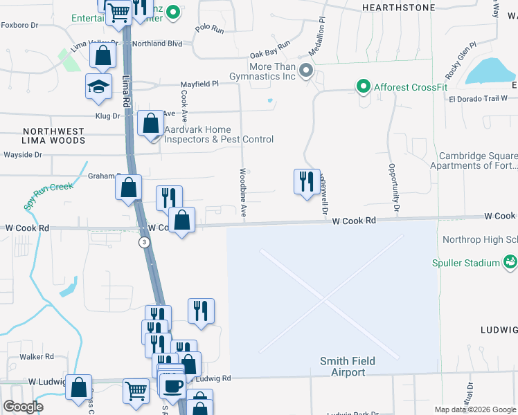 map of restaurants, bars, coffee shops, grocery stores, and more near 7426 Woodbine Avenue in Fort Wayne
