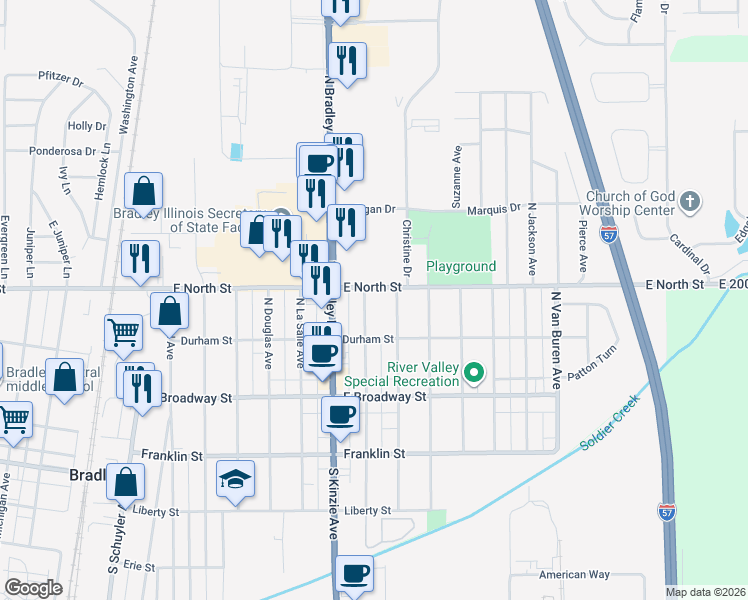 map of restaurants, bars, coffee shops, grocery stores, and more near 1035 East North Street in Bradley