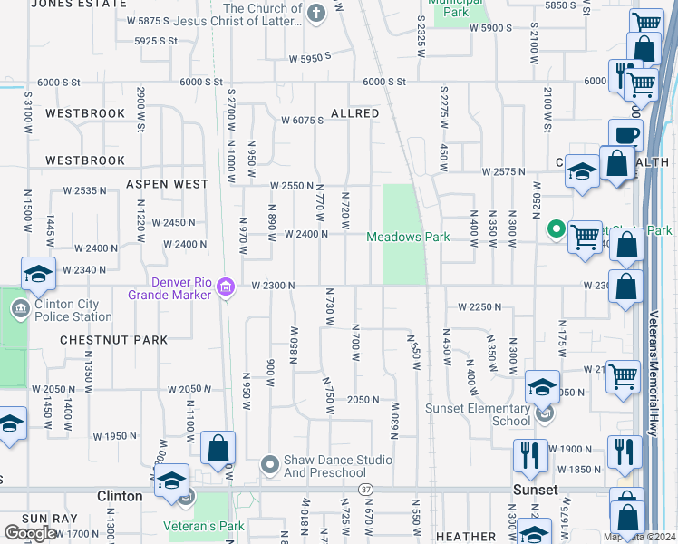 map of restaurants, bars, coffee shops, grocery stores, and more near 2323 North 720 West in Clinton