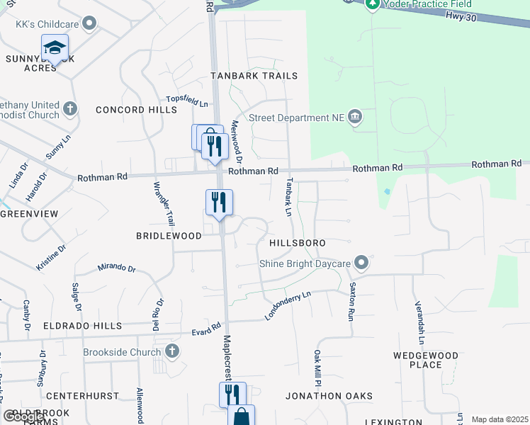 map of restaurants, bars, coffee shops, grocery stores, and more near 6405 Langwood Boulevard in Fort Wayne