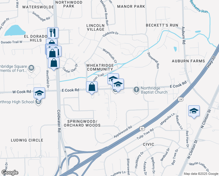 map of restaurants, bars, coffee shops, grocery stores, and more near 1125 East Cook Road in Fort Wayne