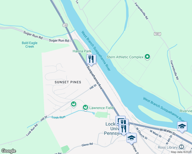 map of restaurants, bars, coffee shops, grocery stores, and more near 214 Susquehanna Avenue in Lock Haven