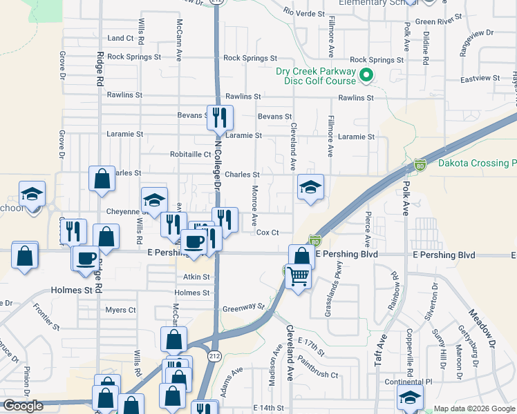 map of restaurants, bars, coffee shops, grocery stores, and more near 3422 Monroe Ave in Cheyenne