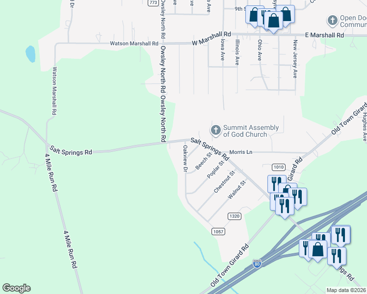 map of restaurants, bars, coffee shops, grocery stores, and more near 2436 Salt Springs Road in McDonald