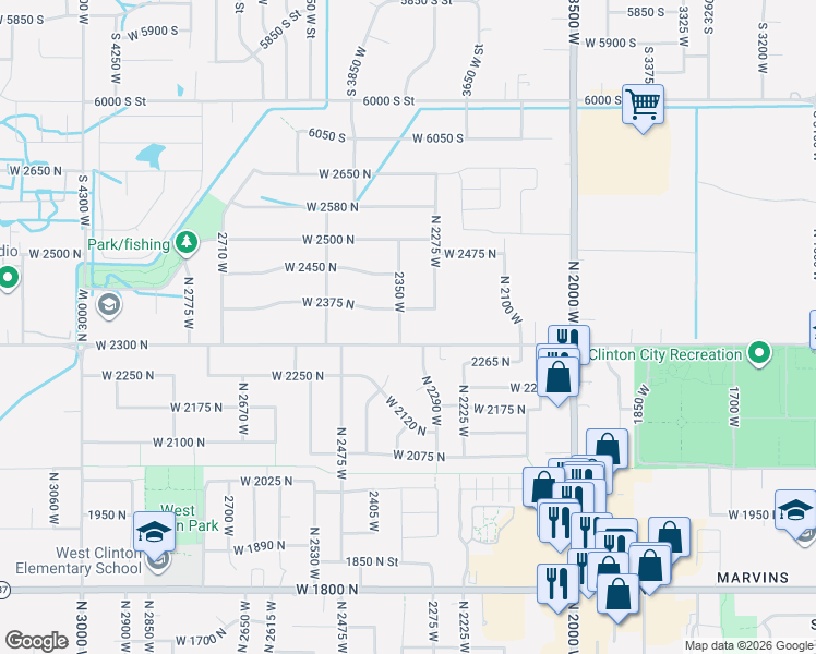 map of restaurants, bars, coffee shops, grocery stores, and more near 2331 West 2375 North in Clinton