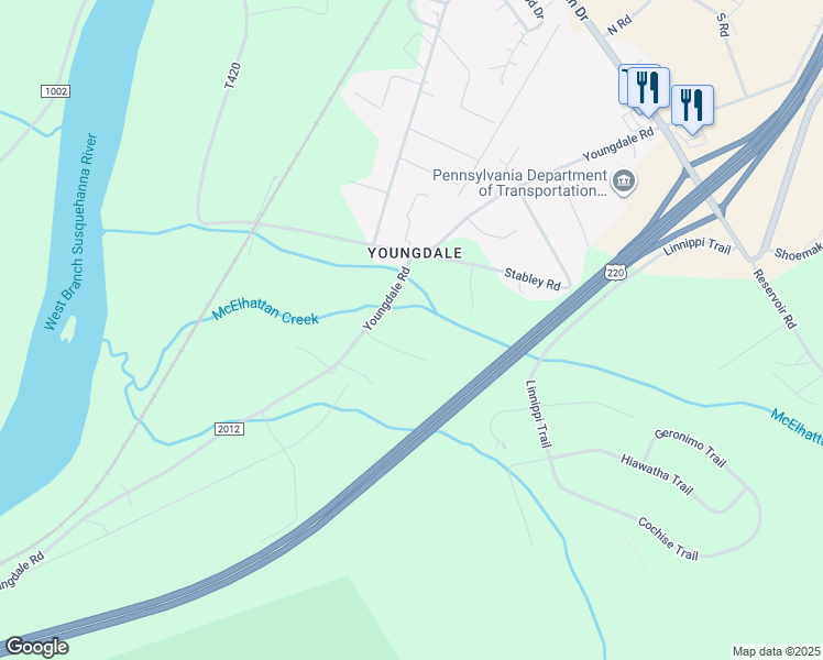 map of restaurants, bars, coffee shops, grocery stores, and more near 3120 Brookside Ln in Lock Haven