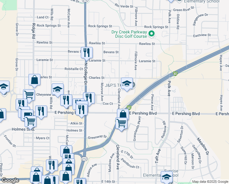 map of restaurants, bars, coffee shops, grocery stores, and more near 3414 Cleveland Avenue in Cheyenne