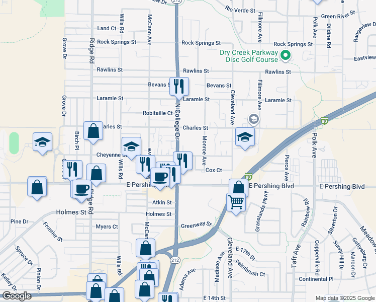 map of restaurants, bars, coffee shops, grocery stores, and more near 4106 Cheyenne Street in Cheyenne