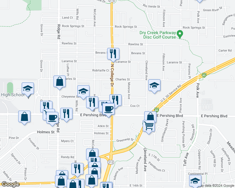 map of restaurants, bars, coffee shops, grocery stores, and more near 4106 Cheyenne Street in Cheyenne