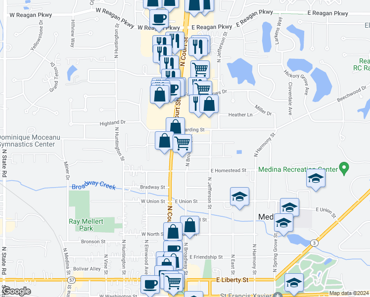 map of restaurants, bars, coffee shops, grocery stores, and more near 829 North Broadway Street in Medina