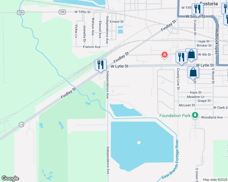 map of restaurants, bars, coffee shops, grocery stores, and more near 1000 Independence Avenue in Fostoria