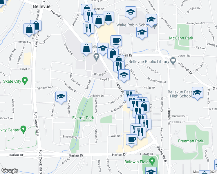 map of restaurants, bars, coffee shops, grocery stores, and more near 1502 Imperial Drive in Bellevue