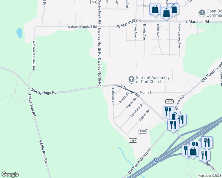 map of restaurants, bars, coffee shops, grocery stores, and more near 3504 Oakview Drive in Girard