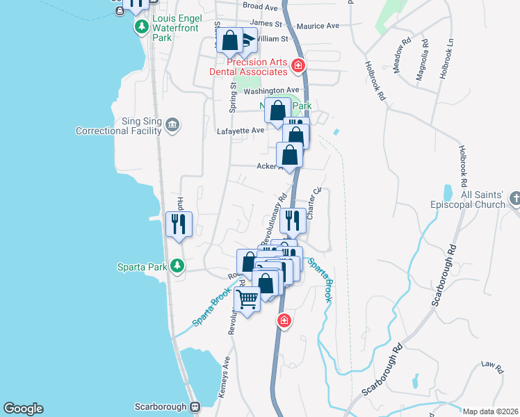map of restaurants, bars, coffee shops, grocery stores, and more near 16 Knoll View in Ossining