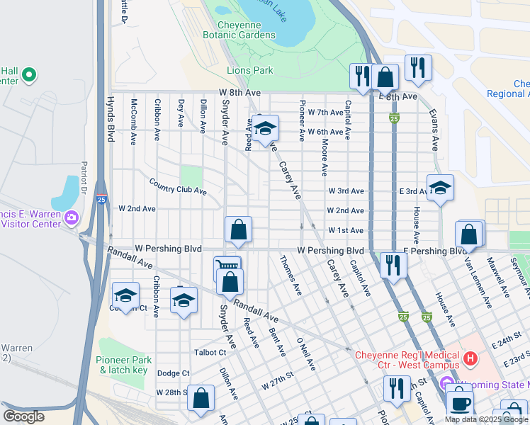 map of restaurants, bars, coffee shops, grocery stores, and more near 3420 Bent Avenue in Cheyenne