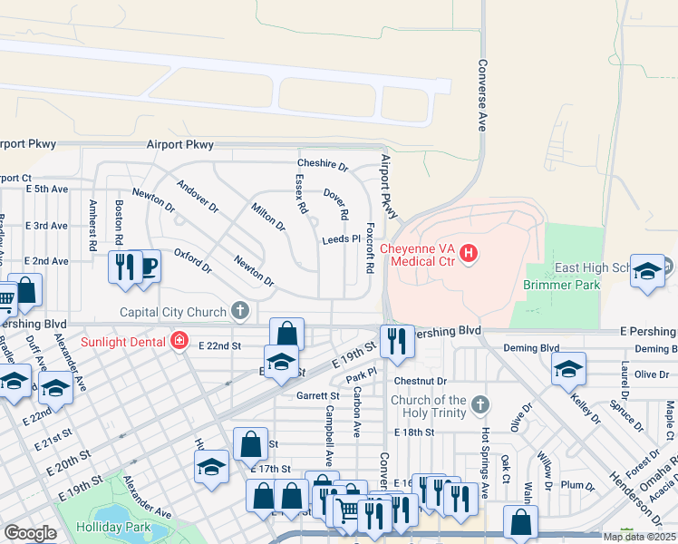 map of restaurants, bars, coffee shops, grocery stores, and more near 3428 Dover Road in Cheyenne