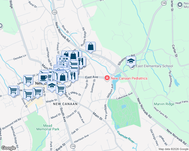 map of restaurants, bars, coffee shops, grocery stores, and more near 120 Summer Street in New Canaan