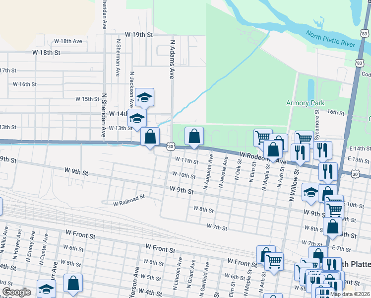 map of restaurants, bars, coffee shops, grocery stores, and more near 1201-1299 Lincoln Highway in North Platte