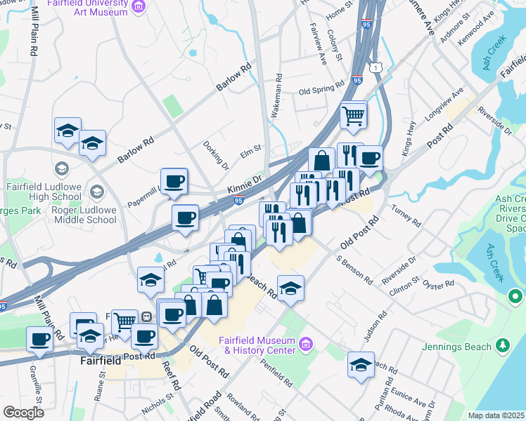 map of restaurants, bars, coffee shops, grocery stores, and more near 25 Walls Drive in Fairfield
