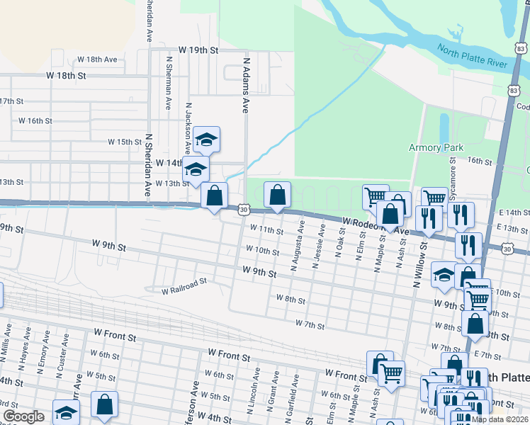 map of restaurants, bars, coffee shops, grocery stores, and more near 1201-1299 Lincoln Highway in North Platte