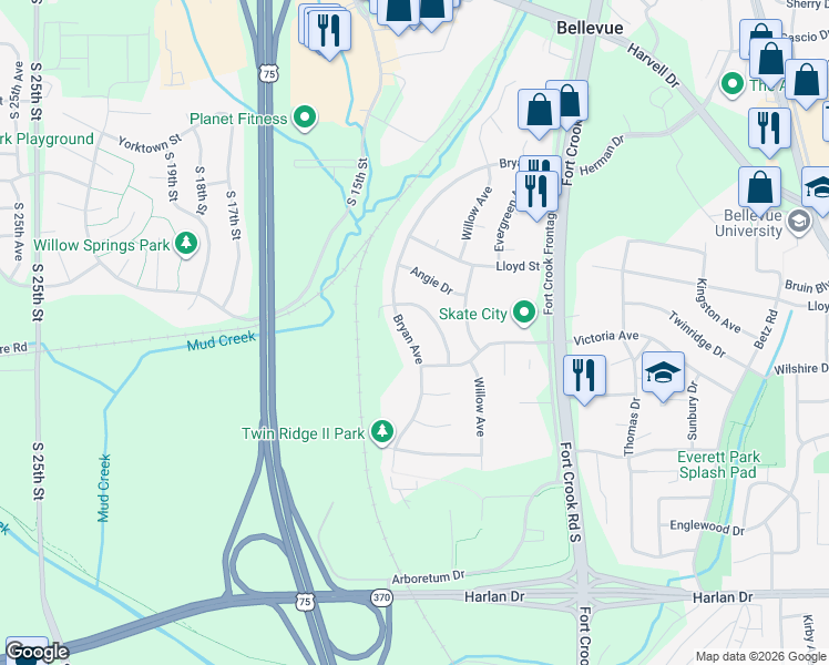 map of restaurants, bars, coffee shops, grocery stores, and more near 1207 Bryan Avenue in Bellevue
