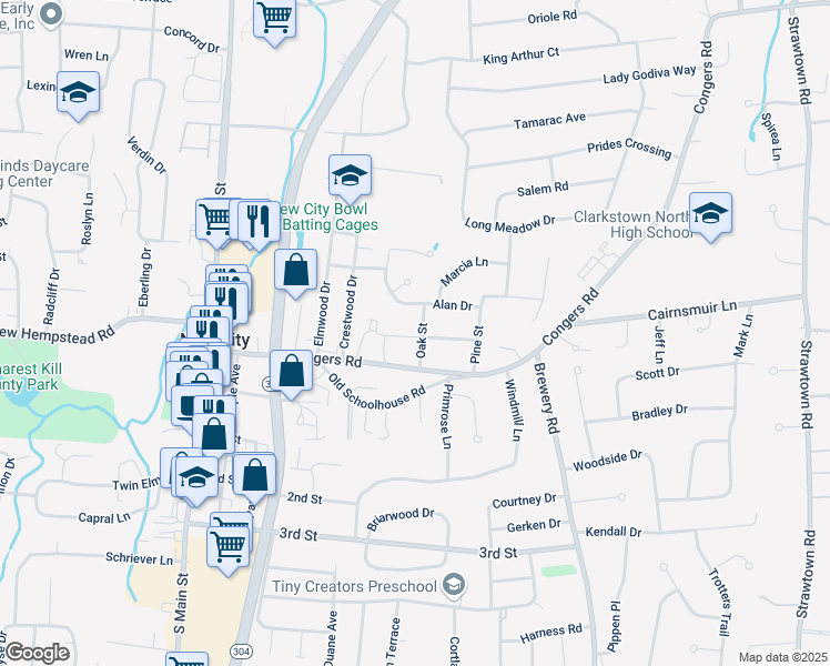 map of restaurants, bars, coffee shops, grocery stores, and more near 17 Oak Street in New City