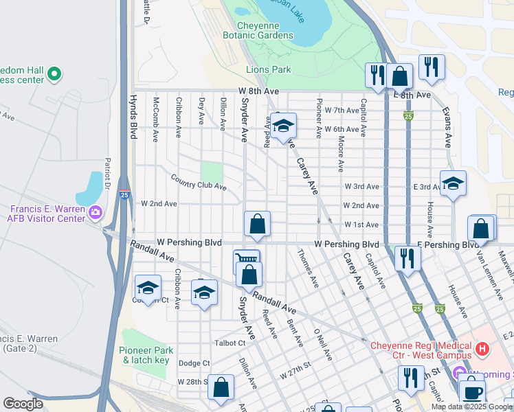 map of restaurants, bars, coffee shops, grocery stores, and more near 809 West 2nd Avenue in Cheyenne