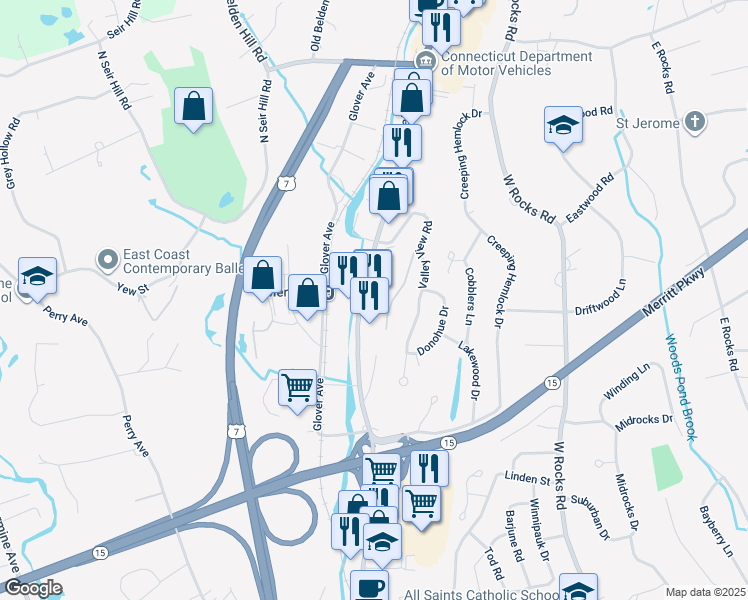 map of restaurants, bars, coffee shops, grocery stores, and more near 430 Main Avenue in Norwalk