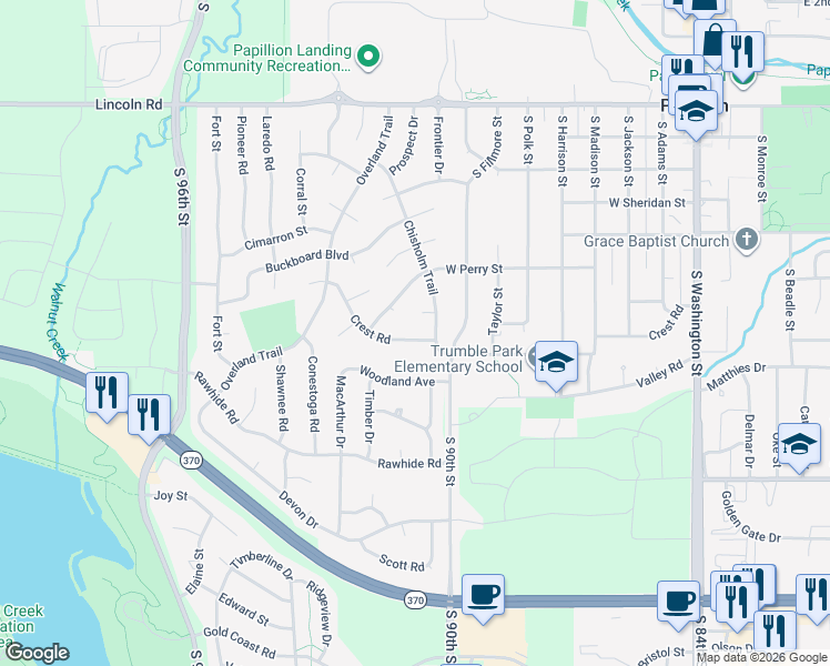 map of restaurants, bars, coffee shops, grocery stores, and more near 905 Lariat Circle in Papillion