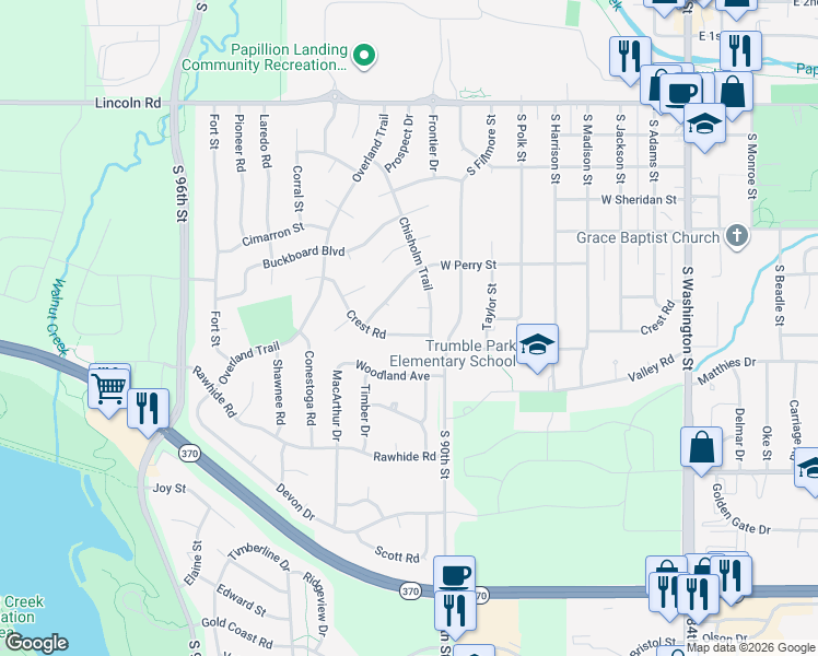 map of restaurants, bars, coffee shops, grocery stores, and more near 905 Lariat Circle in Papillion
