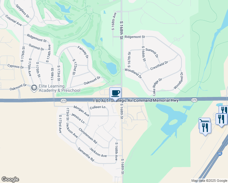 map of restaurants, bars, coffee shops, grocery stores, and more near 16889 Oakmont Drive in Omaha