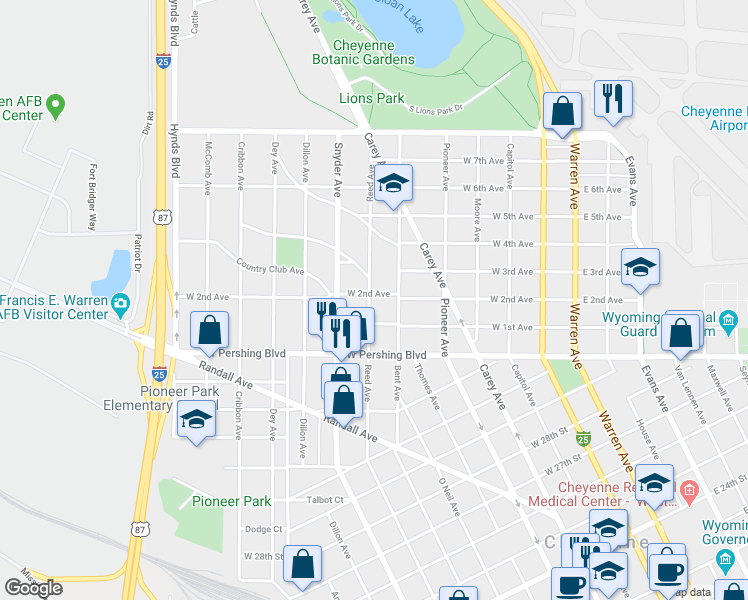 map of restaurants, bars, coffee shops, grocery stores, and more near 731 West 2nd Avenue in Cheyenne
