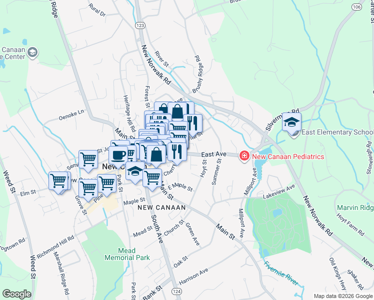 map of restaurants, bars, coffee shops, grocery stores, and more near 64 East Avenue in New Canaan