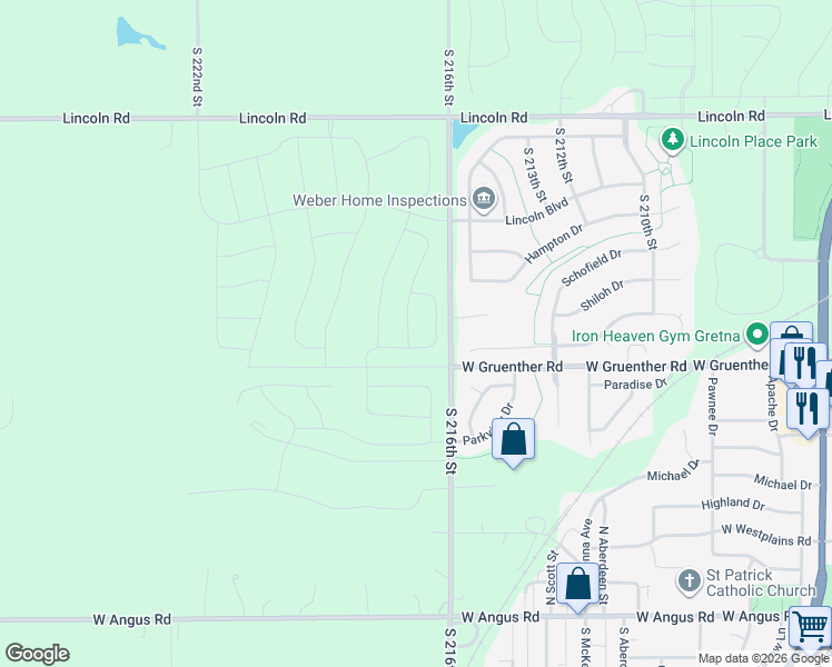 map of restaurants, bars, coffee shops, grocery stores, and more near 11108 South 216th Street in Gretna