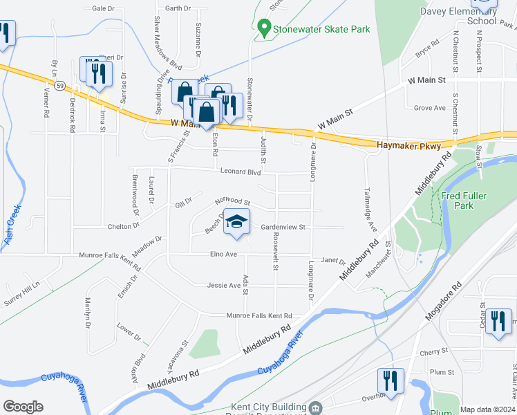 map of restaurants, bars, coffee shops, grocery stores, and more near 1075 Norwood Street in Kent