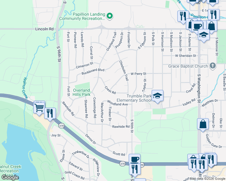 map of restaurants, bars, coffee shops, grocery stores, and more near 916 Crest Road in Papillion