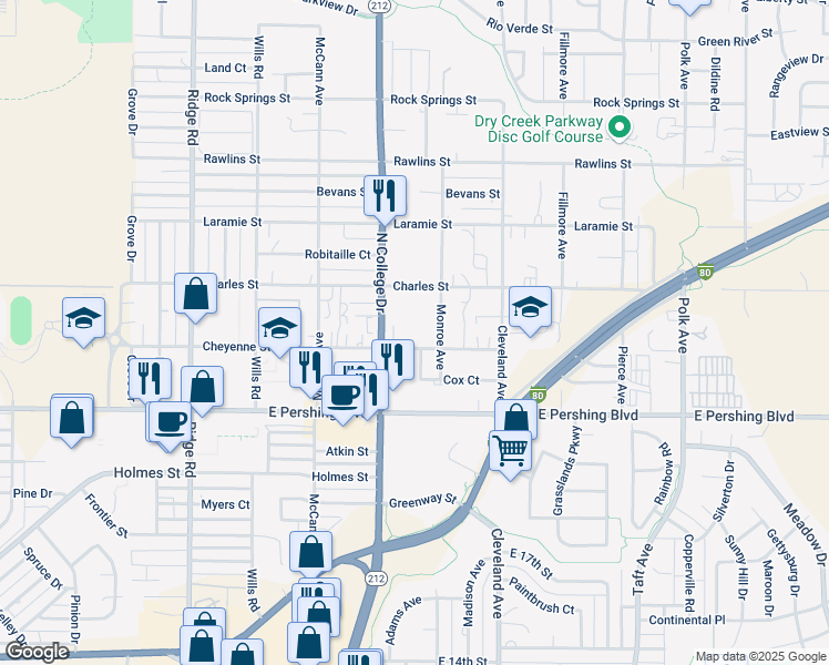map of restaurants, bars, coffee shops, grocery stores, and more near 4106 Cheyenne Street in Cheyenne