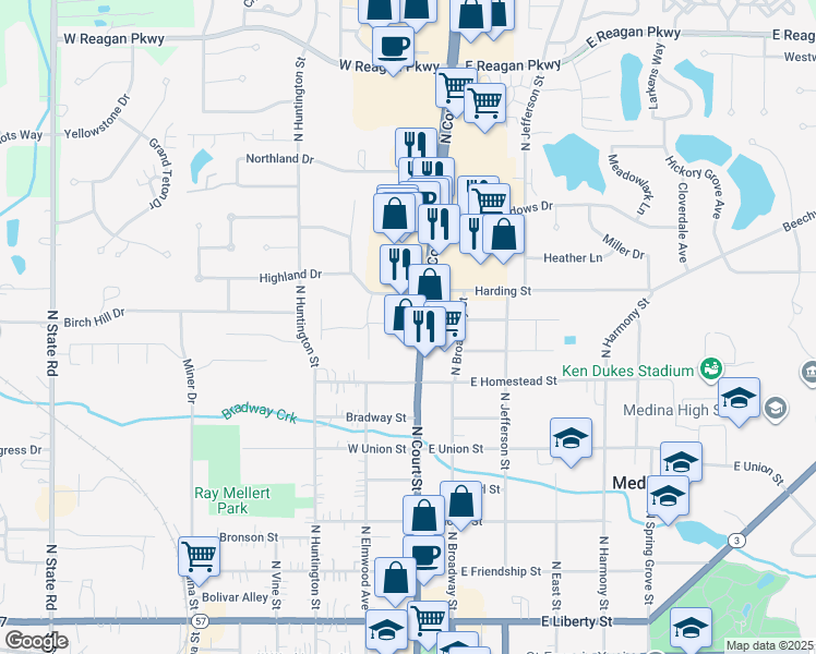 map of restaurants, bars, coffee shops, grocery stores, and more near 765 North Court Street in Medina