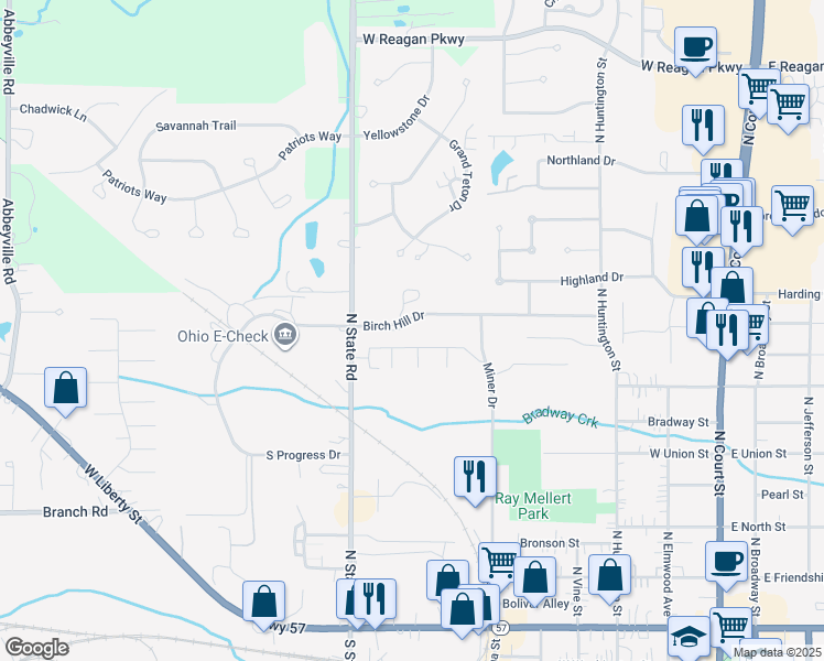 map of restaurants, bars, coffee shops, grocery stores, and more near 580 Birch Hill Drive in Medina