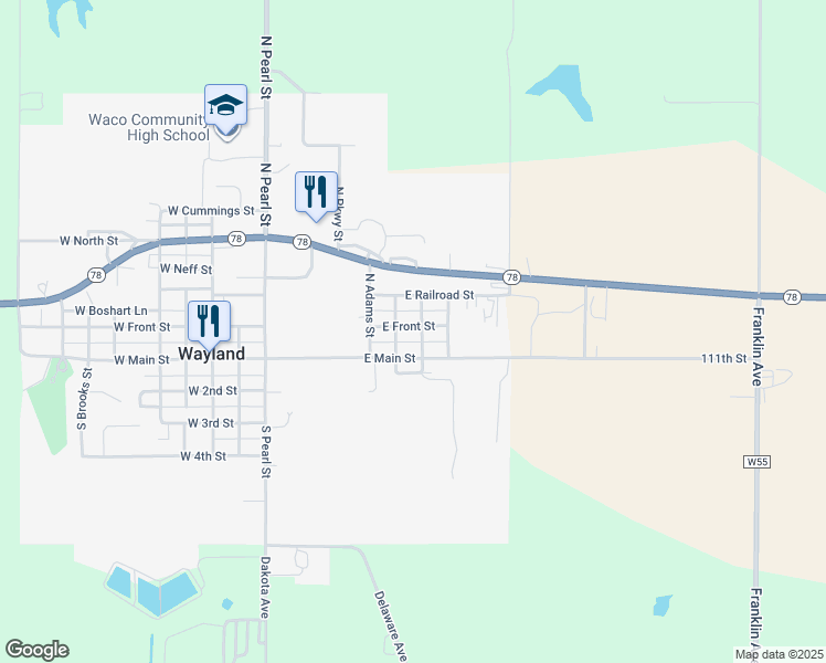 map of restaurants, bars, coffee shops, grocery stores, and more near 351 East Front Street in Wayland
