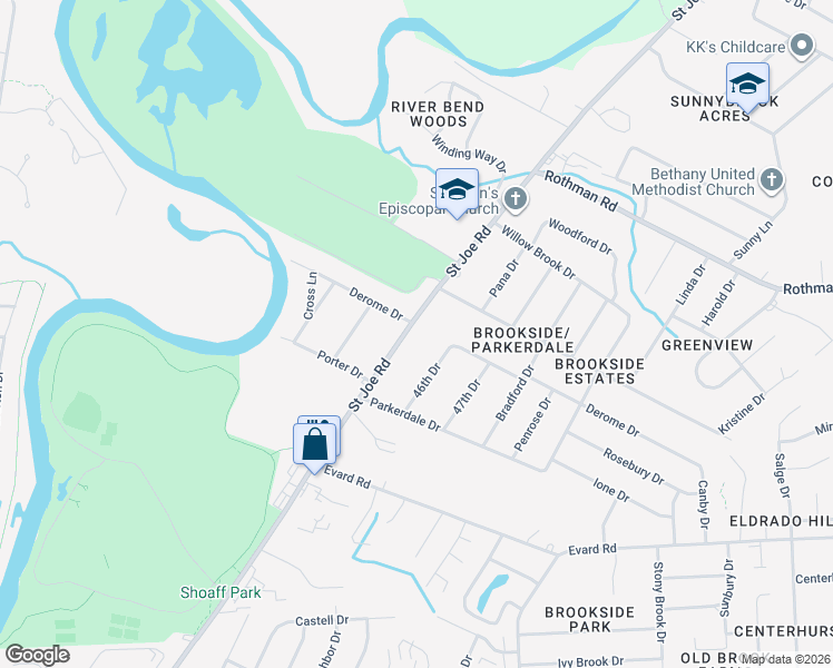 map of restaurants, bars, coffee shops, grocery stores, and more near 7044 Saint Joe Road in Fort Wayne