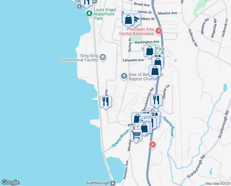 map of restaurants, bars, coffee shops, grocery stores, and more near 64 Hudson Point Lane in Ossining