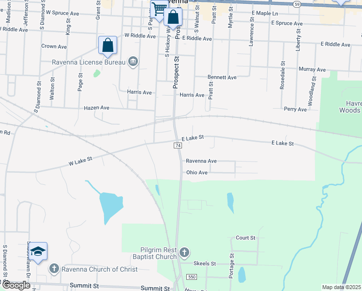 map of restaurants, bars, coffee shops, grocery stores, and more near 805 South Prospect Street in Ravenna
