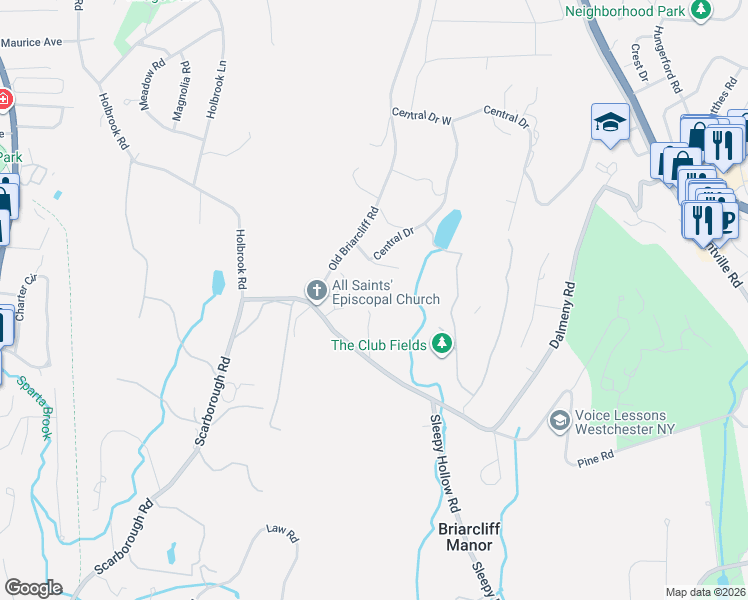 map of restaurants, bars, coffee shops, grocery stores, and more near 139 Scarborough Road in Briarcliff Manor