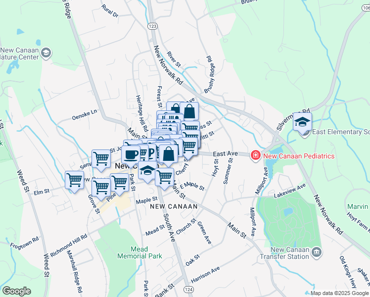 map of restaurants, bars, coffee shops, grocery stores, and more near 28 East Avenue in New Canaan
