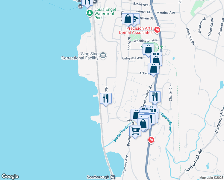 map of restaurants, bars, coffee shops, grocery stores, and more near 64 Hudson Point Lane in Ossining
