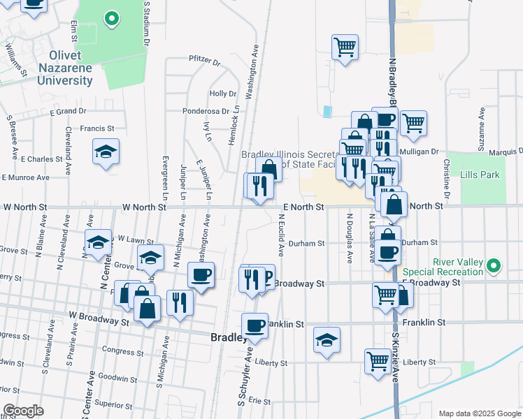 map of restaurants, bars, coffee shops, grocery stores, and more near 134 East North Street in Bradley
